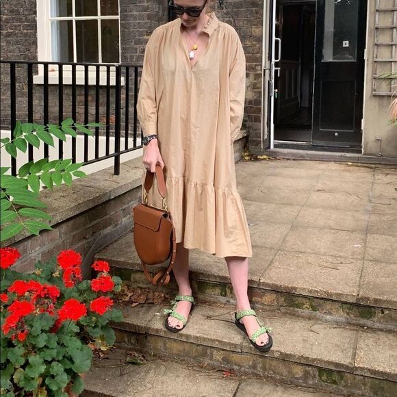 ZARA Cotton Long Sleeve Poplin Midi Dress Camel S - Picture 3 of 16